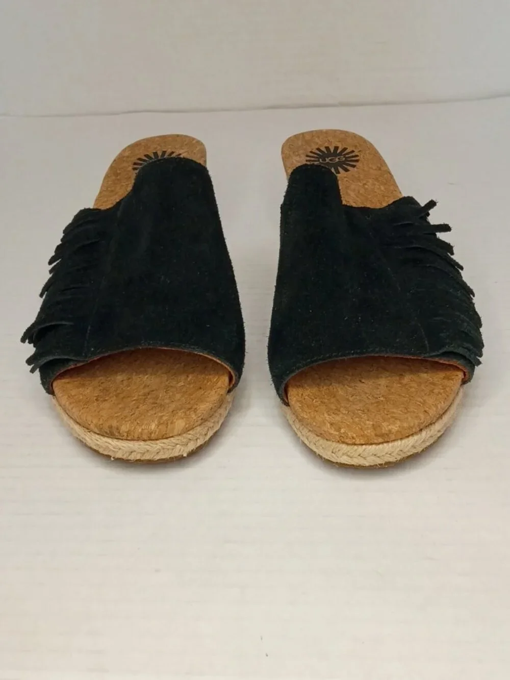 UGG Danes Black Suede Fringe Espadrille Wedge Slides Women’s Size 7